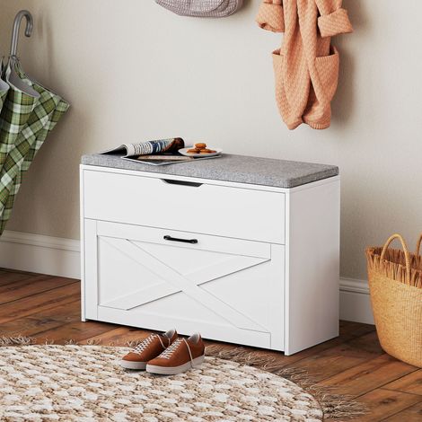 Banco zapatero para recibidor, zapatero con asiento acolchado lavable, puerta abatible, compartimento de almacenamiento con cierre suave, estantes ajustables, para 8 pares de zapatos, ideal para sala  (1/5)
