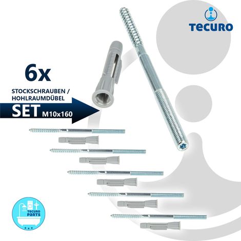 tecuro Stockschraube M 10 x 160 mm, verz. mit Universal Hohlraumdübel - 6 Stück