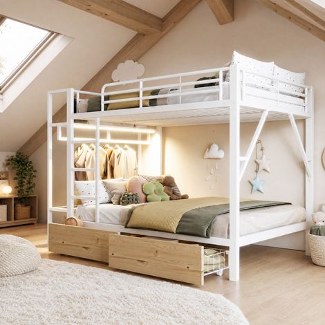 Letto a castello 140x200 cm in metallo e MDF, bianco, con 2 cassetti, LED e appendiabiti (1/5)