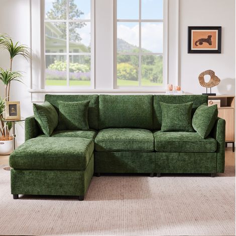 Sofá esquinero modular 3-4 plazas con puf móvil y 4 cojines de chenilla verde DESVIAE (1/5)