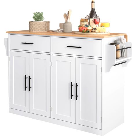 Carrello da cucina 120x46x91.5cm Con ruote e piedi in legno Doppi cassetti Ripiano estendibile MDF Bianco e naturale