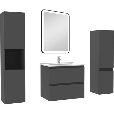 Ocean Meuble Salle de Bain 60cm avec colonne + miroir lumineux 3 couleurs Anthracite