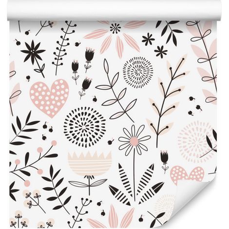 Carta da parati con delicate piante e cuori per soggiorno e camera da letto, 50x1000 cm (1/5)