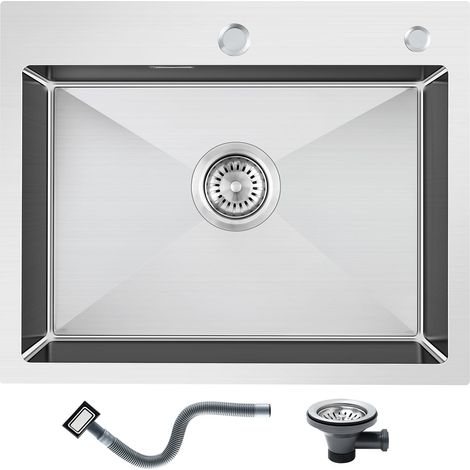 Évier de cuisine encastrable en acier inoxydable 304 55 x 45 cm avec trou pour robinet et trop-plein (sans siphon) 1 bac rectangulaire pour meuble bas de 60 cm (1/5)