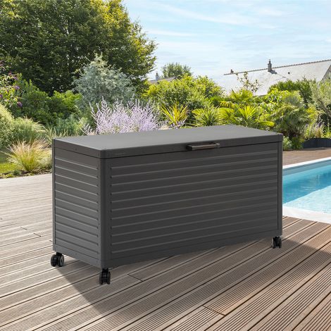 Hesperide – Coffre de jardin en aluminium teinté 130 x 60,4 x 78 cm – Résistant à la rouille et UV – Avec vérins et roues pour rangement facile