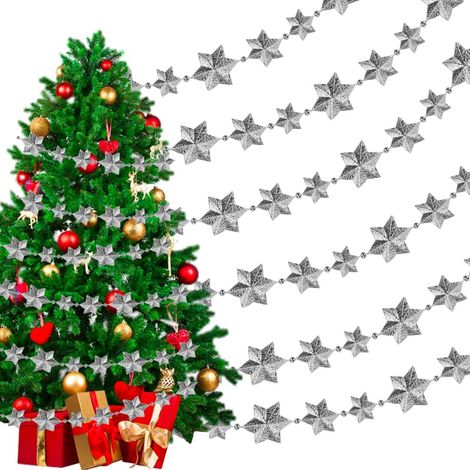 Guirlande de Noël de 10 m - Guirlande d'étoiles argentées - Guirlande de Noël avec étoiles - Décoration de Noël avec étoiles - Diamètre : 3,2 cm / 2,2 cm / 1,5 cm