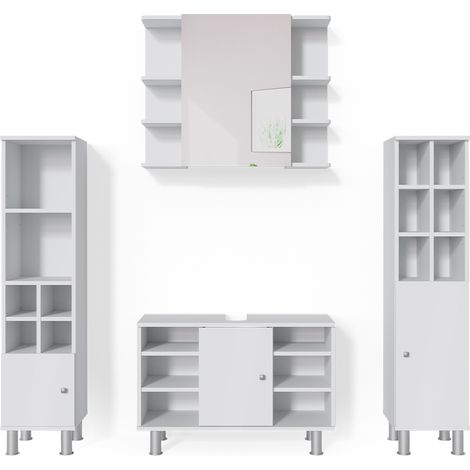Conjunto de muebles de baño Fynn, Blanco, 4 partes, con armario alto, Vicco