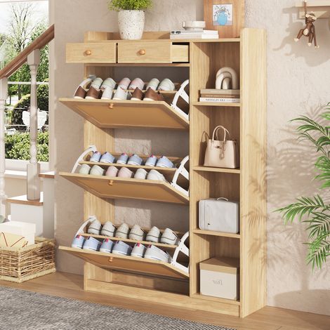 Mobliva Meuble à chaussures étroit en rotin avec 3 compartiments rabattables, étagères réglables, 2 tiroirs et étagères latérales ouvertes, 90×24×130 cm (1/5)