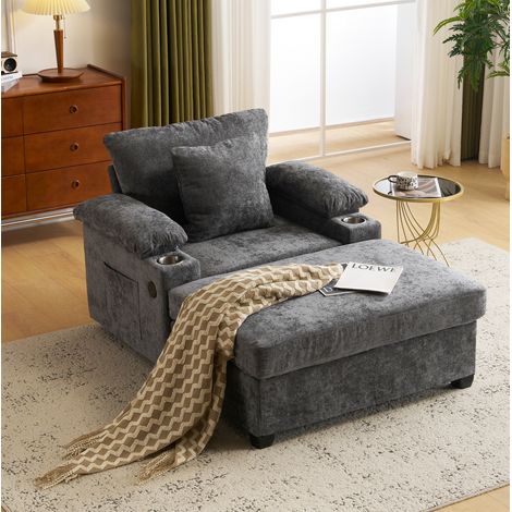 Sillón reclinable con portavasos y almacenaje, chenilla gris oscuro (1/5)