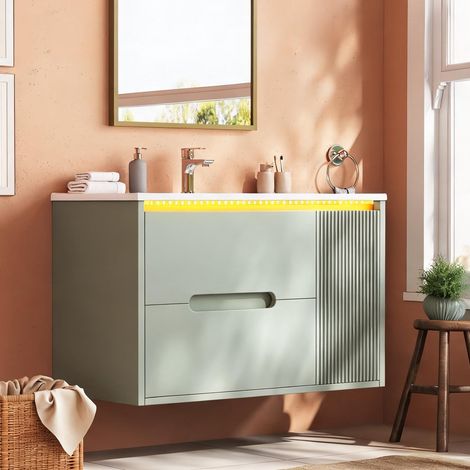 Meuble sous vasque 81 cm soft vert céramique et MDF coloris vert (1/5)