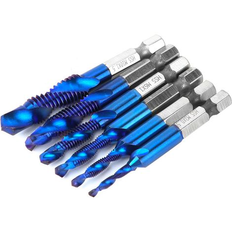 6 pièces Tarauds à queue hexagonale en acier rapide de 6,35 mm Taraud composé M3/M4/M5/M6/M8/M10 (Type C)