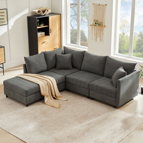 Divano angolare modulare 5 posti con pouf grigio OKMYHOME (1/5)