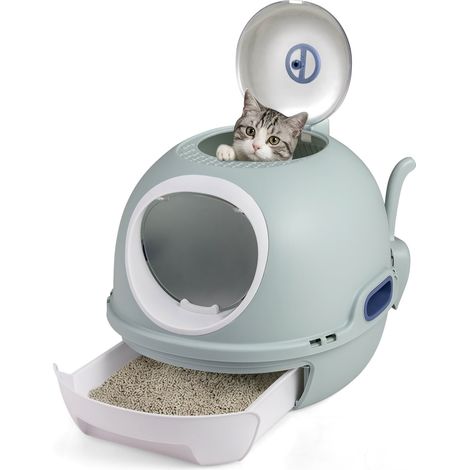 Geschlossene Katzentoilette mit Schale und Schaufel, Blau