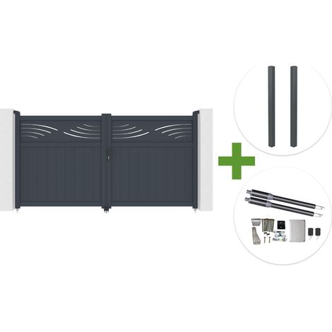 Portail battant 3m HALTI H.160cm aluminium gris + 2 poteaux ELDA 15x15cm + motorisation Ranger B150 (1/5)