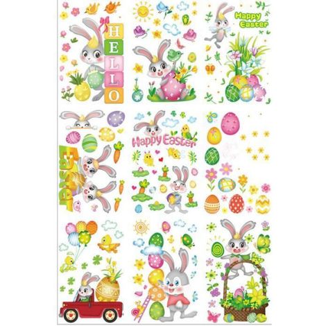 Autocollant Fenêtre Pâques - Lapin Œuf Papillon Fleur Radis - Décoration Vitre Réutilisable - 9 Feuilles (1/4)