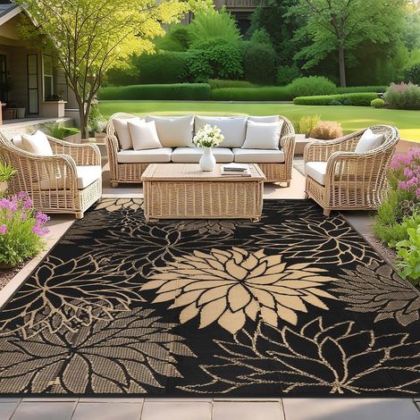Tapis Exterieur Resistant Pluie Réversible, Tapis Exterieur Terrasse Camping Plastique Léger, Résistant Aux UV Moquette Exterieur pour Balcon Jardin, Fleurs Noir et Or, 180 X 270 cm (1/5)