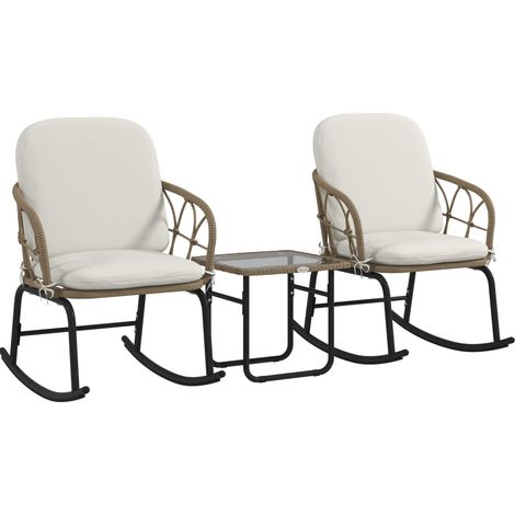 Set da giardino in rattan a 3 pezzi con 2 sedie a dondolo e tavolino, giallo (1/5)