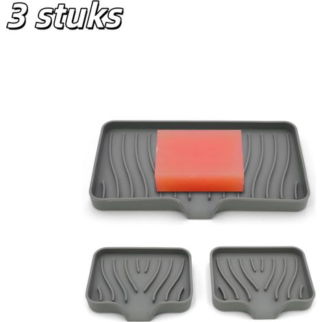 Ensemble de 3 porte-savons en silicone, porte-éponge avec trous de drainage pour salle de bain, lavabo et cuisine, gris (1/5)
