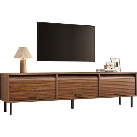 Meuble TV bas 180 cm à 3 portes coulissantes, rangement central séparé, pieds métal noir, finition bois foncé, CHICFURN (1/5)