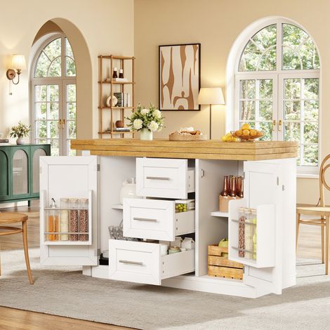 Isla de cocina extensible de 120-197x40x74 cm con tablero giratorio de 360°, espacio de almacenamiento y cajón, MDF envejecido - blanco (1/5)