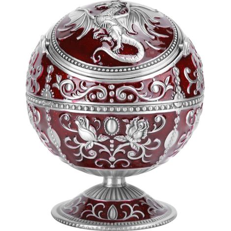 Vintage, windfester, weinroter, kugelförmiger Aschenbecher mit fliegendem Drachenmotiv und Deckel, handgefertigt, Wohnaccessoires (1/5)