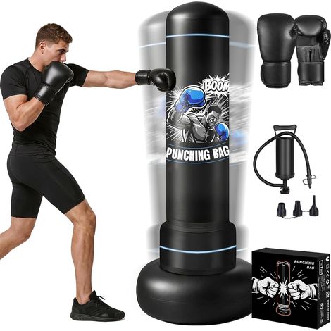Sac de Frappe Adulte 180cm, Punching Ball Gonflable avec Gants et Pompe à Air, Sac de Boxe sur Pied pour Entraînement Boxe de Kickboxing MMA Karaté, Idéal Cadeau Hommes et Femmes (1/5)