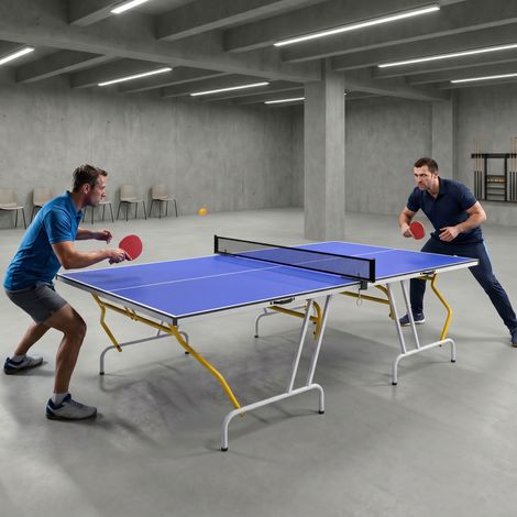 Mesa de Ping Pong Plegable Mesa de Tenis de Mesa Diseño Compacto con Red y Reposapiés Ajustables 274x152,5x76 cm Azul (1/5)