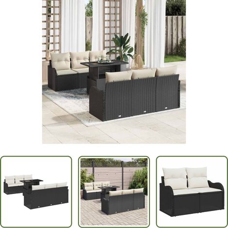 vidaXL Balkonsofa - Gartensofa-set mit Kissen 7 pcs Schwarz und Creme Poly-Rattan (1/5)