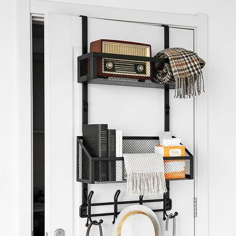 Organisateur de Crochets de Porte, Organiseur de Rangement Arrière de Porte avec 2 Paniers en Maille et 12 Crochets, Cintre de Porte pour Portemanteau pour Chambre, Salle de Bain, Cuisine (1/5)
