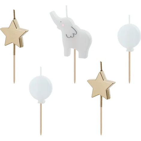 Candeline Picker a forma di elefante e stelle per compleanno, confezione da 5 pezzi.