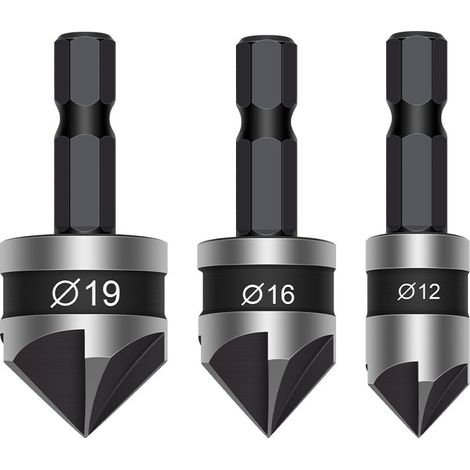 Outil de chanfreinage à cinq lames, couteau à chanfreiner hexagonal plaqué titane en 6 pièces, alésoir en 3 pièces, foret à bois de 12 mm et 19 mm à 82 degrés (12/16/19, coin noir à cinq lames) (1/5)