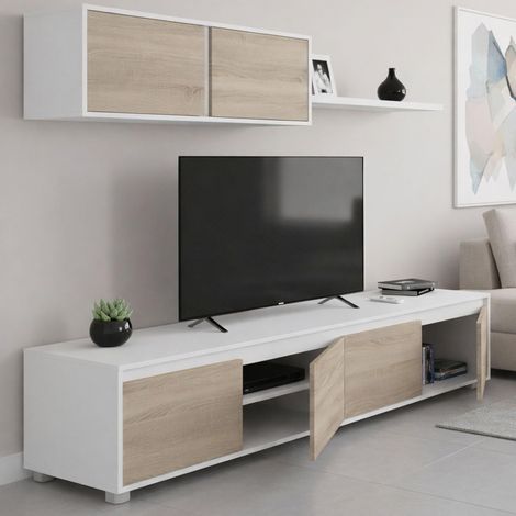 Système mural Savannah, meuble TV meuble de salon, composition d'ensemble de salon, ensemble de salon avec élément mural, 200x41h43 cm, blanc et chêne (1/5)