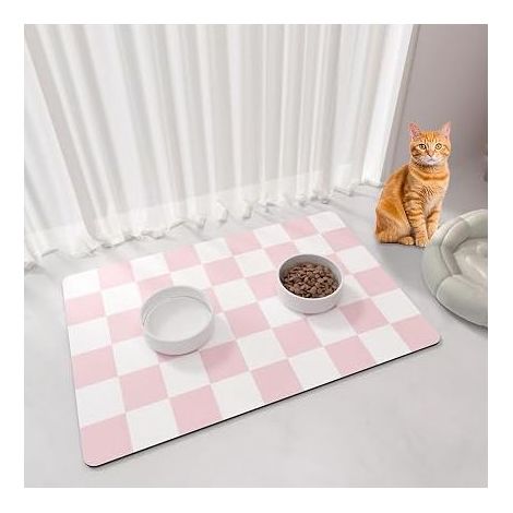 Cat and Dog Bowl Mat 51 x 30.5 cm, Non Slip Checkered Pet Mat, Under Bowl for Drinkers, Pink and White (1/5)
