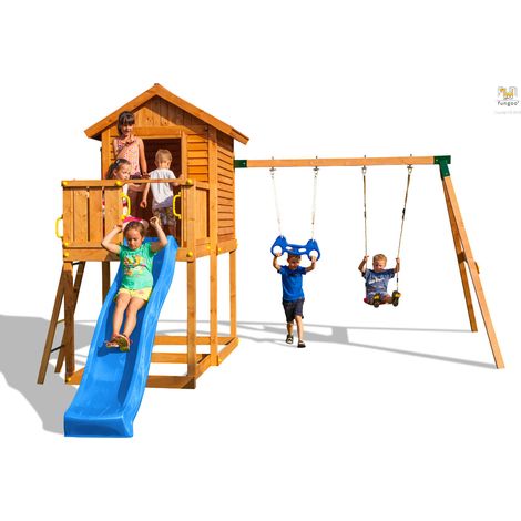Fungoo Spielturm "My House Move+", teak, mit Rutsche, Doppelschaukel, Haus mit Holzdach, Leiter, Griffe