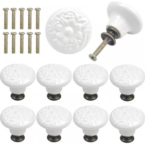 10 piezas de pomos de cajón blancos de cerámica, tirador redondo para puerta de mueble con grabado vintage y tornillos (1/3)