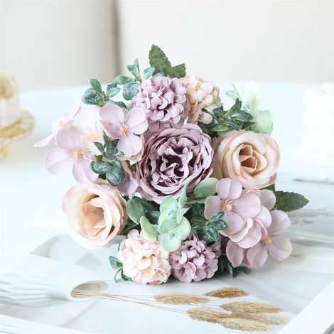 LEDANDER 2 bouquets de roses artificielles de qualité supérieure, effet soie réaliste, idéales pour les mariages,la décoration de table,la chambre-Violet (1/4)