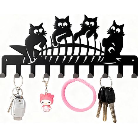 Porte-clés mural noir, porte-clés multifonction en métal pour cuisine, couloir, porte d'entrée, entrée de chambre à coucher (quatre chats) (1/3)