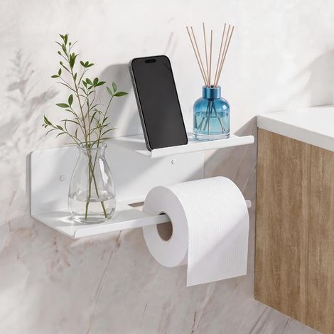 Porte Papier Toilette Mural avec Étagère, Visser ou Adhésif, Blanc Support Papier Toilette Mural sans Perçage, Antirouille Dérouleur Porte Papier Toilette pour Salle de Bain Toilette Cuisine (1/5)