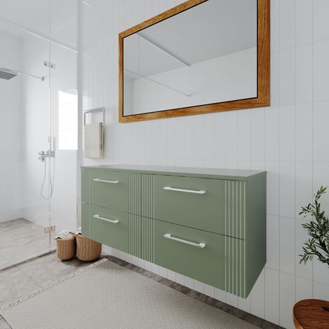 Nuie Deco Satin Green 1200mm Wall Hung 4 Drawer Vanity Unit with Worktop - DPF893W2 (1/5)