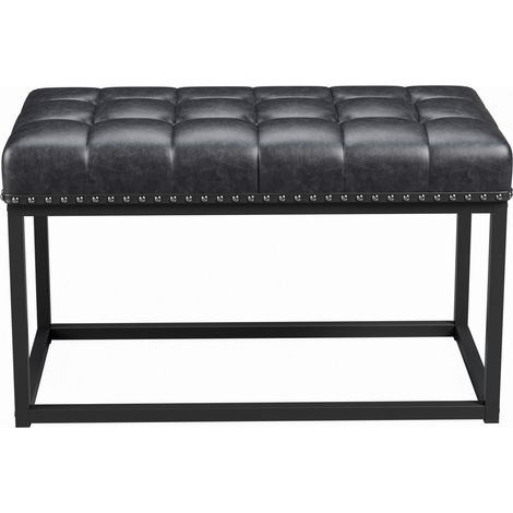 Banc rembourré vintage 91 cm avec assise en cuir synthétique boutonnière et structure métal noir (1/5)