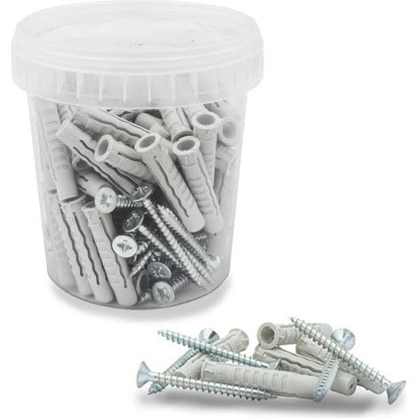 Viti e tasselli per muro Secchiello con 50 Tasselli a muro in Nylon e 50 viti in acciaio, mis. 10x50 mm - Tasselli universali ad espansione per fissag (1/3)