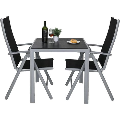 Ensemble de meubles de jardin, chaises pliantes réglables, table carrée en WPC, Noir. Bord argenté (1/2)