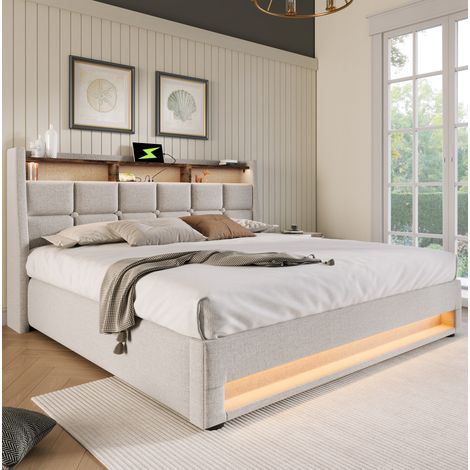 letto contenitore 180x200 imbottito LED USB beige OKMYHOME (1/5)