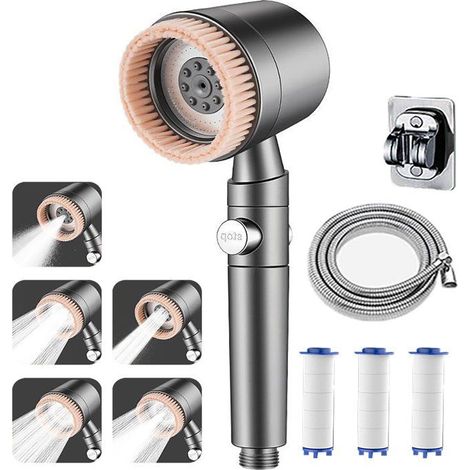 Pommeau de Douche Haute Pression, Anti Calcaire Douchette Massant, 3 Modes Réglable, avec 3 Filtre et uyau de douche 150 cm (1/4)