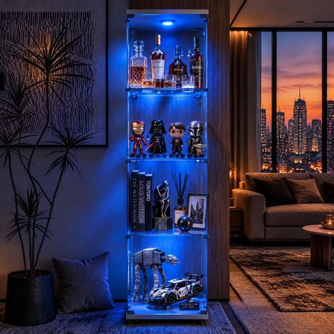 JOOKGBD-Glasvitrine,1 Tür vitrinenschrank 4 Regalen transparent, mit Schloss und LED,Sammlerstücke Glasvitrine,Bücherregal aus Glas,Vertikale Glasvitrine,für Wohnzimmer Schlafzimmer Büro,Weiß (1/5)