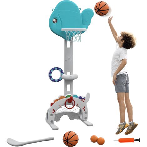 Panier de basket-ball pour enfants 5 en 1 hauteur réglable but de football balle de golf lancer d'anneaux bleu et gris (1/5)