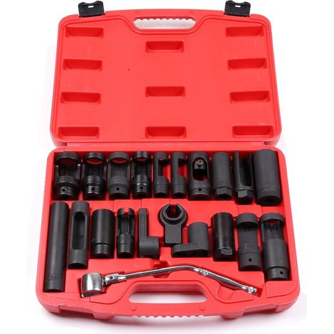 Lot de 21 clés pour sonde lambda, 22, 27, 29 mm, douilles pour sonde lambda 3/8" 1/2", outil pour démontage de sonde lambda de voiture (rouge)
