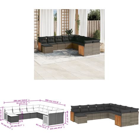 Salon de jardin 11 pcs avec coussins gris résine tressée - Ensemble Salon De Jardin - Meubles De Jardin - Salon Extérieur - Mobilier De Jardin Design - Chaise Longue - Home & Living (1/3)