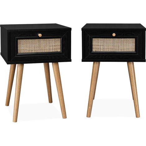 sweeek - 2er-Set Nachttische mit Holzlook und Rattan-Geflecht