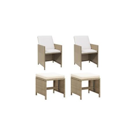 Chaises de jardin avec tabourets 2 pcs Résine tressée Beige (1/5)